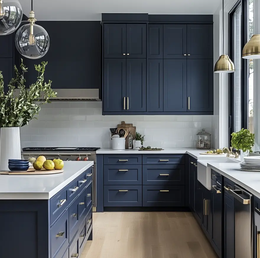 Dark moody blue cabinets with white countertops in a kitchen.